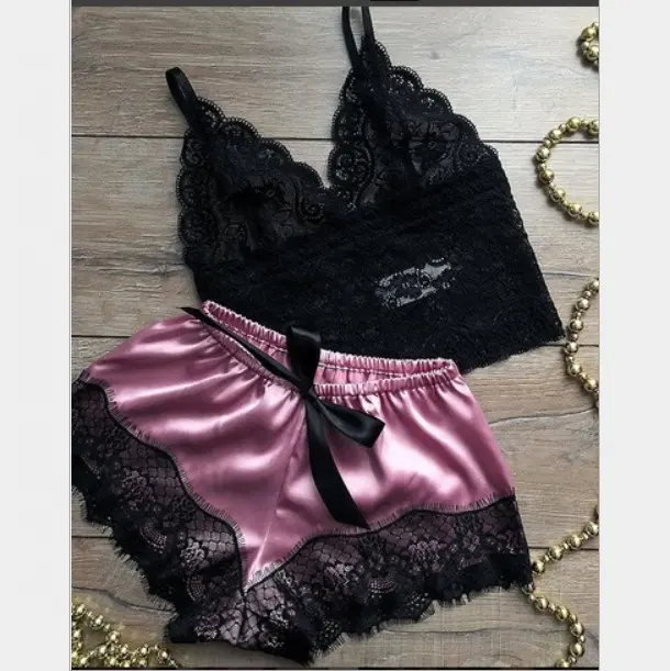 Conjunto de pijama feminino 2 peças por atacado FS037, lingerie de seda sexy com renda + shorts, roupa íntima de seda sexy
