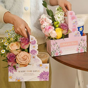 Panier à fleurs simple avec deux tasses à café, arrangement floral, matériel de bricolage floral, bouquet, boîte cadeau avec poignée - Product Image 2