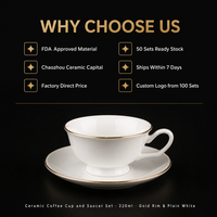 Ensemble tasse et soucoupe à café en céramique 220 ml, bord doré, porcelaine fine, vente en gros, expresso, cappuccino, logo personnalisé, hôtel