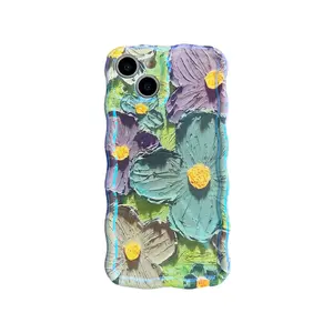 时尚ins风格扭边油画手机套绿色粉色花朵防刮iPhone 14 Pro Max手机外壳