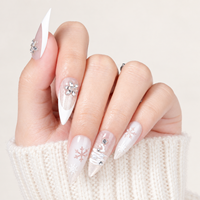 Miss Gel 32PCS Champagne Silver Glitter Press on Nails Long Stiletto White V French Snowflake Crystal Flower Glue on Nails