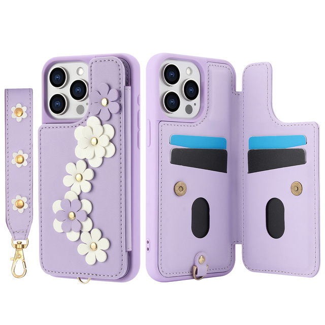 Wholesale Luxury Leather Case with 3D Flower Design Shockproof Card Holder for Iphone 17 16 15 14 13 Pro Max Wallet Back Cover