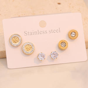 مجموعة من 3 أزواج من الأقراط الدائرية الهندسية للنساء، مصنوعة من الفولاذ المقاوم للصدأ مع كريستال وحجر الراين، إكسسوارات أنيقة بالجملة - Product Image 3