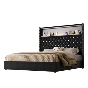 Base de Cama Moderna con Almacenamiento, Tapizada en Terciopelo, Ajustable, Tamaño <span class=keywords><strong>Queen</strong></span>, con Puerto USB y Luz Nocturna, Cabecera de 52'' de Alto con Decoración de Remaches - Product Image 5