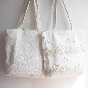 Vrouwen Duurzaam Canvas Tote Katoen Zeildoek Boodschappentas Herbruikbare Boodschappentassen Zoete Kant Bruiloft Gift Bag