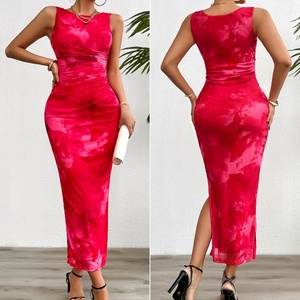 Váy liền thân dáng bút chì mùa hè thanh lịch dành cho nữ, không tay, cổ tròn, có đường xẻ, thích hợp đi dự tiệc, kiểu dáng ôm sát, in họa tiết, dài chấm đất - Product Image 5