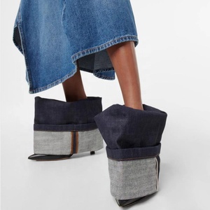 Custom Denim Folded Short Boots Thin High Heels Pointed Toe Mixed Color Overlay Ankle Booties Wide Top Women's Trend <b>Shoes</b> - Product Image 2