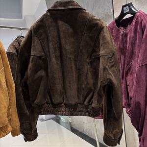 2025 automne surdimensionné daim veste femmes en cuir véritable Bomber veste <span class=keywords><strong>femme</strong></span> marron foncé daim cuir veste - Product Image 2
