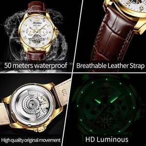 Jsdun 8926 reloj mecánico automático para hombre correa de cuero genuino reloj esqueleto diseño moda 50M impermeable hombre reloj de pulsera - Product Image 6