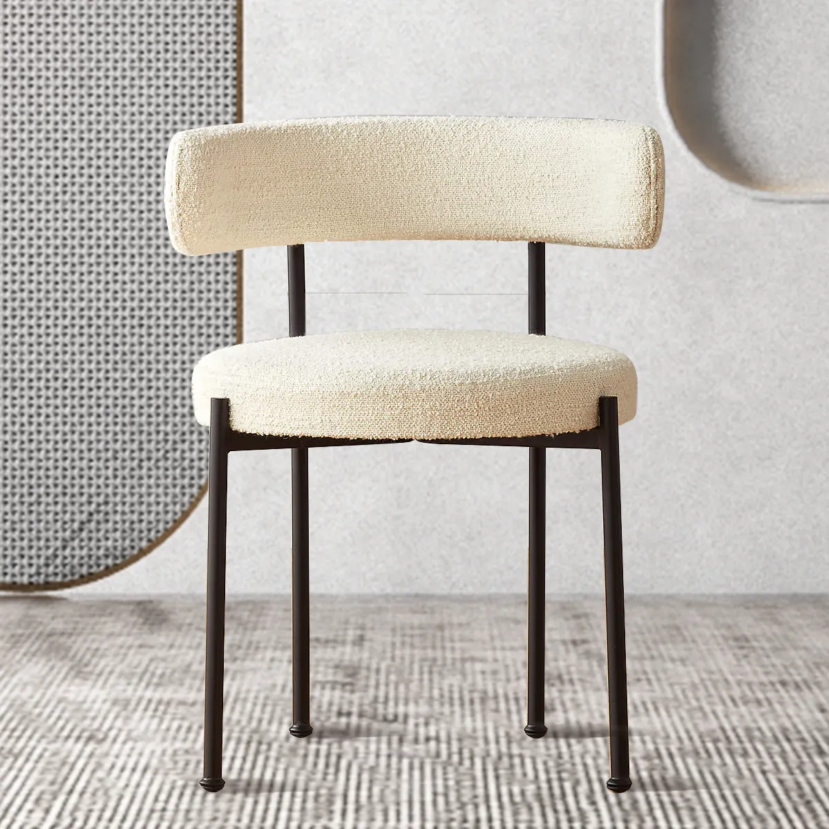 Silla de comedor estilo nórdico con patas de Metal, sillón de tela de mezcla de lana, color blanco y negro