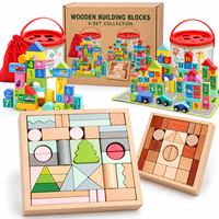 Set Balok Bangunan Kayu dengan Baki Penyimpanan, Puzzle Penyortiran Bentuk Pastel, dan Mainan Susun untuk Anak-anak