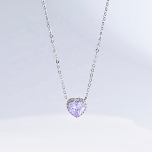 Collar de plata de ley 925 personalizado con circonita cúbica morada en forma de corazón, estilo delicado para mujer, ideal para novias, con circonita tallada en forma de rosa. - Product Image 5