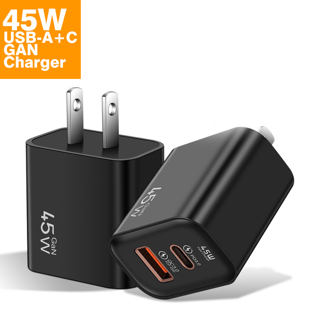 A+C PD Fast Charging 45W GAN USB Type C USB QC 3.0 Power Adapter US EU Wall Adapter for iPhone 16 Pro iPad Android Samsung Redmi