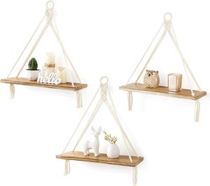 Étagères suspendues en <span class=keywords><strong>macramé</strong></span>, décoration murale bohème, lot de 3, étagère flottante en bois rustique pour chambre à coucher, salle de bain, salon - Product Image 1
