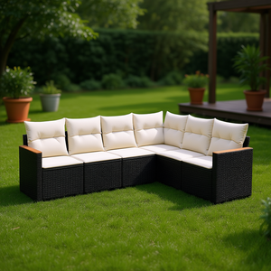 ชุดโซฟาสวนแบบโมดูลาร์ 6 ชิ้น รุ่นโมดาเลสส์ สีดำ ทำจากหวาย PE สำหรับใช้งานกลางแจ้ง พร้อมเบาะสีครีม ดีไซน์ร่วมสมัย - Product Image 2