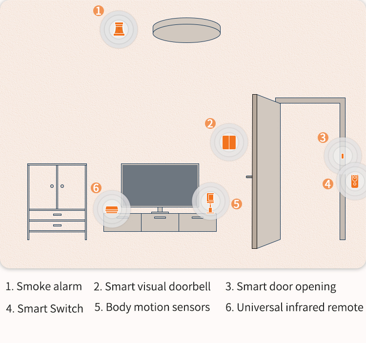 1.Smoke alarm 2.Smart visual doorbell 3. Smart door opening 4.Smart Switch 5.Body motion sensors 6. Universal infrared remote