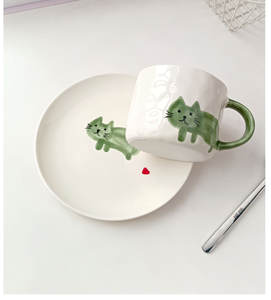 Tasses à café et assiettes en céramique peintes à la main avec motif de chat coloré, tasses à lait de dessin animé pour le petit-déjeuner - Product Image 6