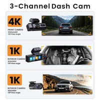 Caméra embarquée 4K 3 canaux (avant, arrière et intérieur) 4K+1080P+1080P avec vision nocturne triple, contrôle WiFi via application, pour enregistreur de voiture