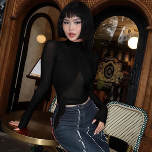 New Arrival Slimming Bandage Full Sleeve <strong>Crop</strong> <strong>Red</strong> Women's <strong>Tops</strong> Sexy Transparent T Shirt for Women - Product Image 6