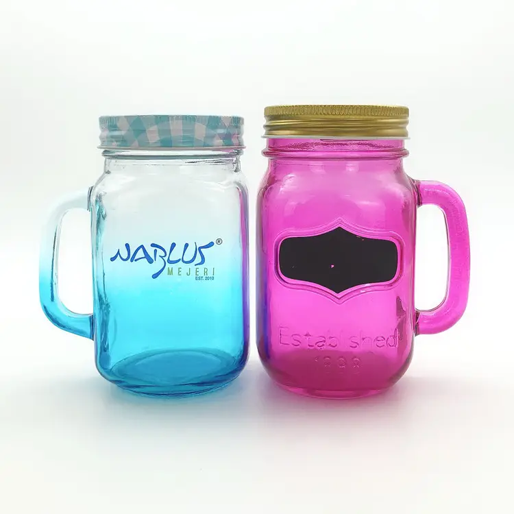 450ml 16oz colorido caneca vidro mason jar para beber bebida com alça e tampa em bar