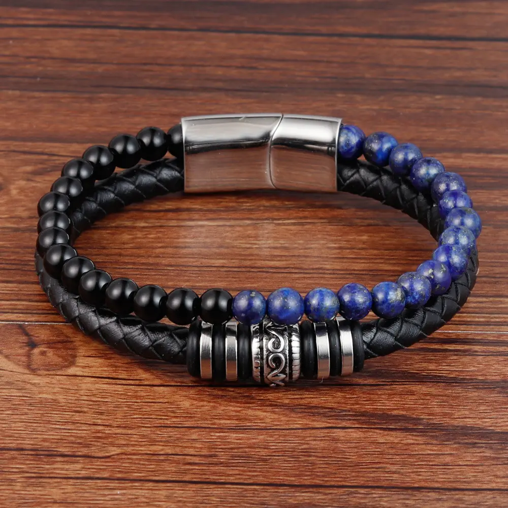 New arrivals American fashion natural volcanic stone beaded bracelet hand Braided leather men's bead magnetic bracelet