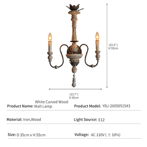 Applique murale française en bois et fer, style rétro sculpté, pour villa, salon, chambre <span class=keywords><strong>à</strong></span> coucher, lampe de chevet antique, design artistique, 2 têtes, type bougie - Product Image 3