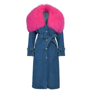 Oversize Womens Winter Warm Removable Mongolian Fur Collar Denim Jacket Jean Coat with Belt Long Jean Trench Coat for Women