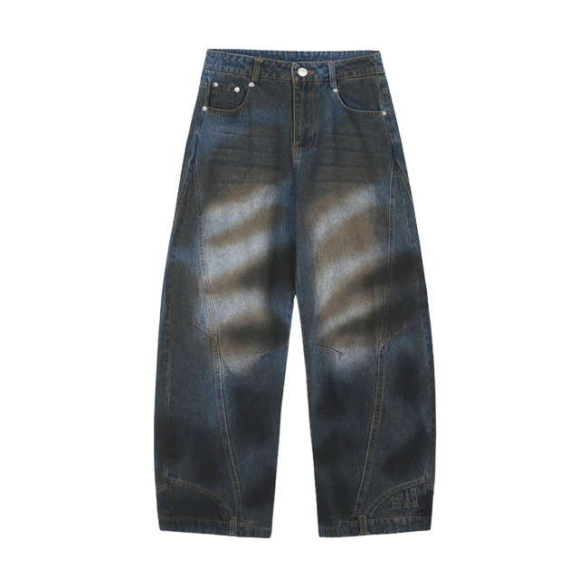 Vintage Fashion Wash Faded Dark Blue Straight Jeans Custom Men Made Dirty Denim Jeans Men High Quality Machete Wide Leg Jeans