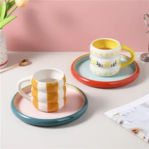 High Quality Colored Geometric Pattern Hand Painted Coffee Cups and Plates Ceramic Mug Coffee Cup with Saucer