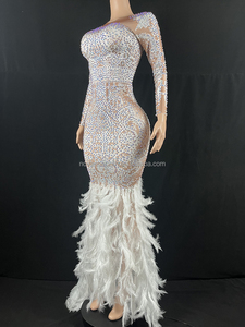 Body Con diamante da donna Sexy in rete vedo attraverso abiti da sera abiti da sera Auto Show di compleanno costumi da ballo abiti in piuma bianca - Product Image 3