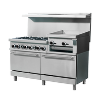 Vansenk Cuisinière à gaz commerciale 6 brûleurs avec plaque de cuisson manuelle surélevée de 24 pouces et gril, en acier inoxydable, garantie 1 an