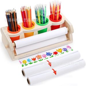 Wooden <b>Drawing</b> Tool Storage Rack <b>With</b> Paper Roll Holder For Children <b>Desk</b> Organization Stationery Holder - Product Image 1