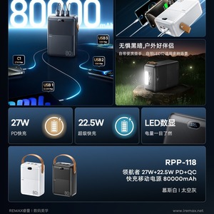 Remax Power Bank 80000Mah <b>Type</b> <b>C</b> PD 27W <b>Fast</b> Charging Outdoor Portable <b>Charger</b> With Led Display - Product Image 5
