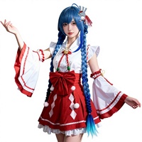 Costume de cosplay d'anime, tenue de Miko, prêtresse japonaise, ensemble en polyester rouge et blanc avec perruque bleue pour femmes adultes, tenue de fête