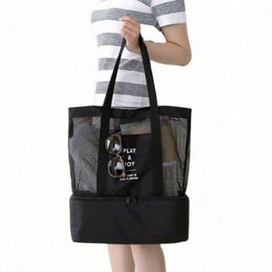 Extra Large Washable <b>Lightweight</b> Plain Waxed Thick Swimming <b>Beach</b> <b>Bag</b> Mesh Tote <b>Bag</b> With Cooler Compartment - Product Image 1