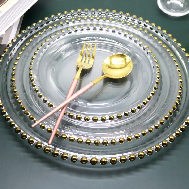 12,6 дюймов прозрачные свадебные золотые стеклянные тарелки оптом серебряные бисерные зарядные тарелки набор посуды для свадебного украшения
