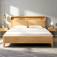 Cadre de lit moderne en chêne massif avec éclairage LED et port de charge USB, tête de lit avec rangement et dossier rigide, lit double pour chambre à coucher, vente en gros