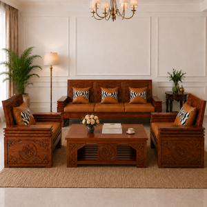 Durable Traditional Solid Teak Wood Armchair With PU Leather Cushion And Carved Backrest For Living Room - Product Image 1