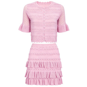 Elegante Completo Coordinato in Maglia Stile Cottage con Top Corto con Bordo a Festoni e Maniche a Rete con Volant, Minigonna a Strati con Balze, Set Due Pezzi da Donna - Product Image 2