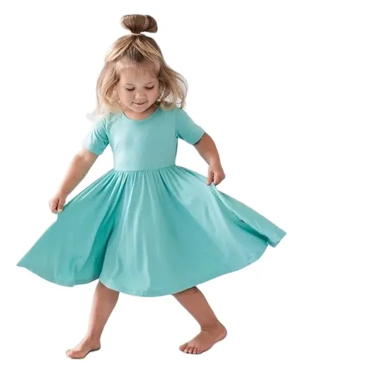 Summer Short Sleeve Bamboo Rayon Dancing Dress Kids Girls Plain Twirl Dress