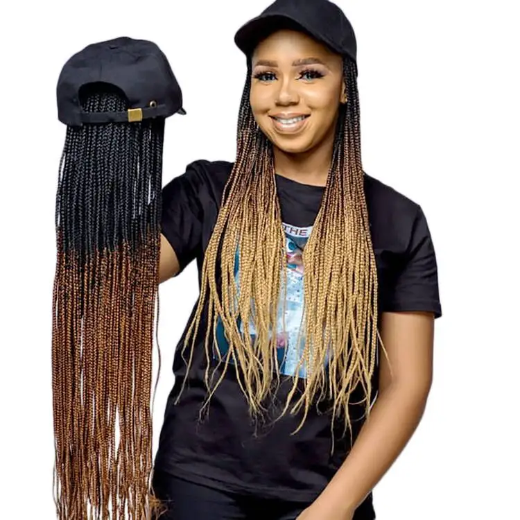 Long Baseball Cap Hat Wig Hair With Braided Box Braids For Women Hat With Hair Extensions Ombre Rainbow Synthetic Crochet Hair