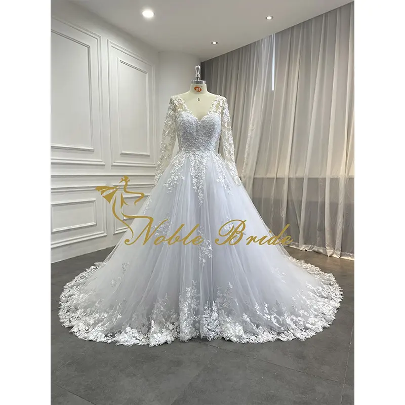 Elegant Long Sleeve White Wedding Dresses V Neck Lace-up Bridal Wedding Ball Gown Beaded Sequined Wedding Dresses