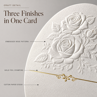 Carte d'invitation de mariage ovale personnalisée avec estampage à chaud doré, motif floral rose en relief, carte de menu blanche pour table de dîner et banquet