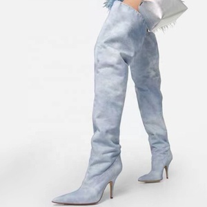 Wide Fit Thigh High Booties Women Blue Stiletto High Thin Heels Shoes Stretch Denim Over Knee Woman's Sexy Pointy Toe Pumps - Product Image 1