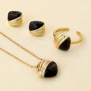 Factory Wholesale Black Agate Natural Gemstone Stone Ring Sterling Silver 925 Geometric Rectangular Jewelry Set for Women