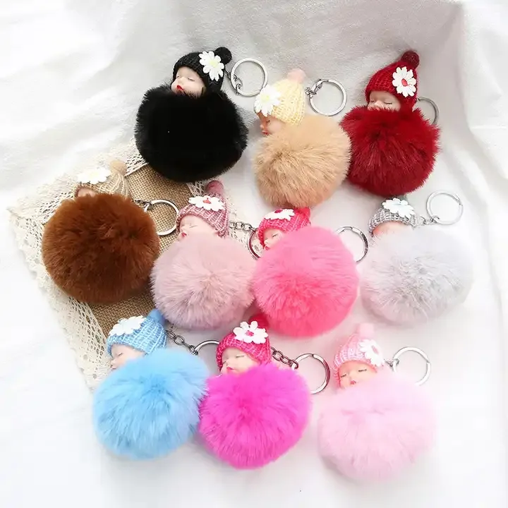 Bán buôn 8cm ngủ bé búp bê Keychain Pompom thỏ lông bóng Móc Chìa Khóa Fluffy xe Keyring túi quyến rũ phụ nữ trẻ em Quà tặng