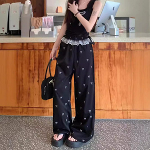 กางเกงลำลองแฟชั่นลูกไม้ปะติดสำหรับผู้หญิงกางเกงจ๊อกกิ้งพิมพ์ลายเพรพปี้โบว์ทรงหลวมสำหรับฤดูร้อนกางเกงเอวสูงเข้าได้กับทุกชุด - Product Image 4