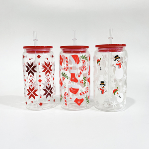 Venta al por mayor a granel 16oz Taza de café vasos para beber sombreros de Santa impresos medias muñeco de nieve árboles <span class=keywords><strong>Navidad</strong></span> vasos de cerveza transparentes - Product Image 1