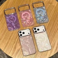 Coque de téléphone TPE style Ins avec motif coquillage coloré lumineux, chargement sans fil magnétique et cadre d'appareil photo doré pour iPhone 17
