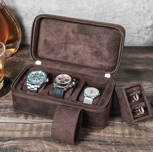 Boîte de rangement pour montres et bijoux en cuir Crazy Horse vintage, 3 emplacements, fermeture éclair anti-choc, rectangulaire, portable, boîte cadeau de voyage pour montres - Product Image 1